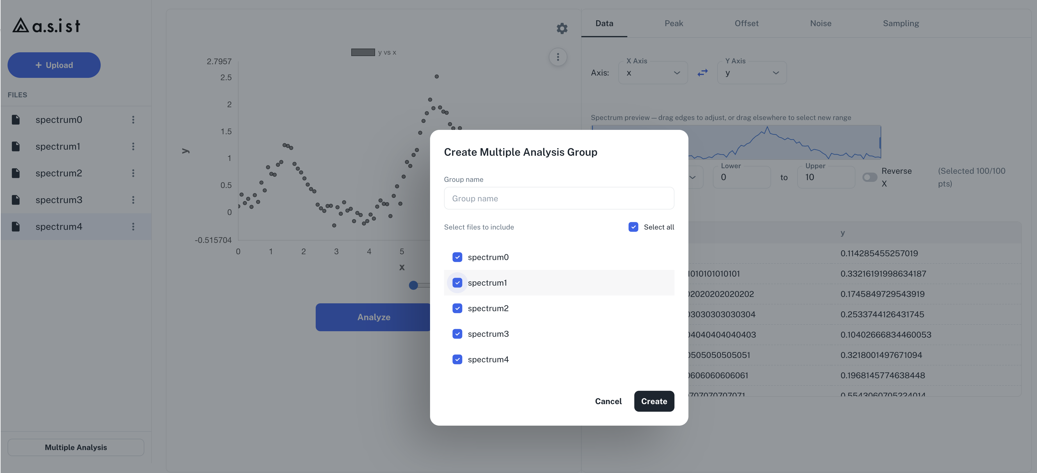 Create Multiple Analysis Group dialog. Enter a group name and select the files to include.
