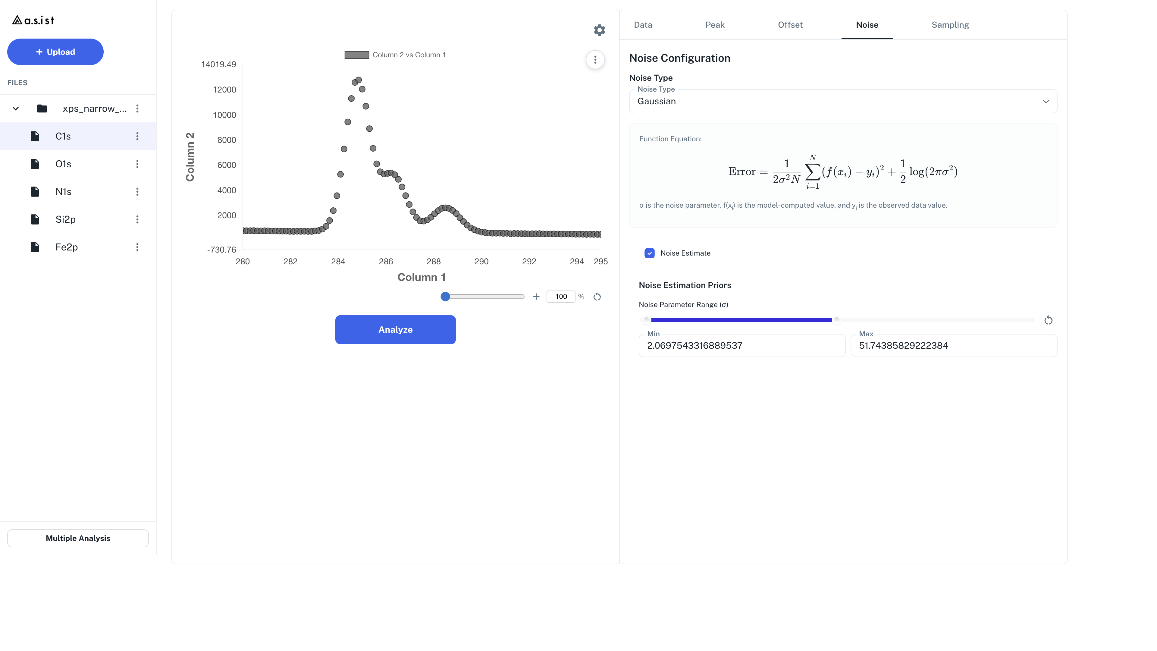 Noise tab, showing Noise model, Noise parameter, and Noise Estimation Priors.