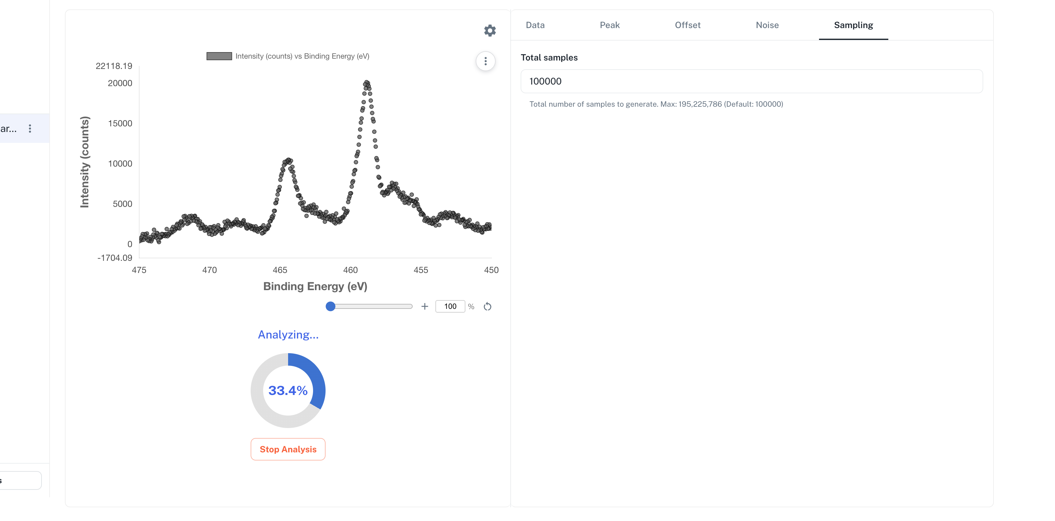 解析実行中の画面。中央プロット下部に円形プログレスインジケーターと Stop Analysis ボタンが表示される。
